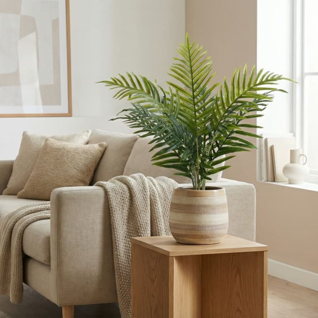 Plantă artificială Areca 70 cm, cu frunze verzi lungi și detalii realiste, pentru interior, ghiveci negru inclus