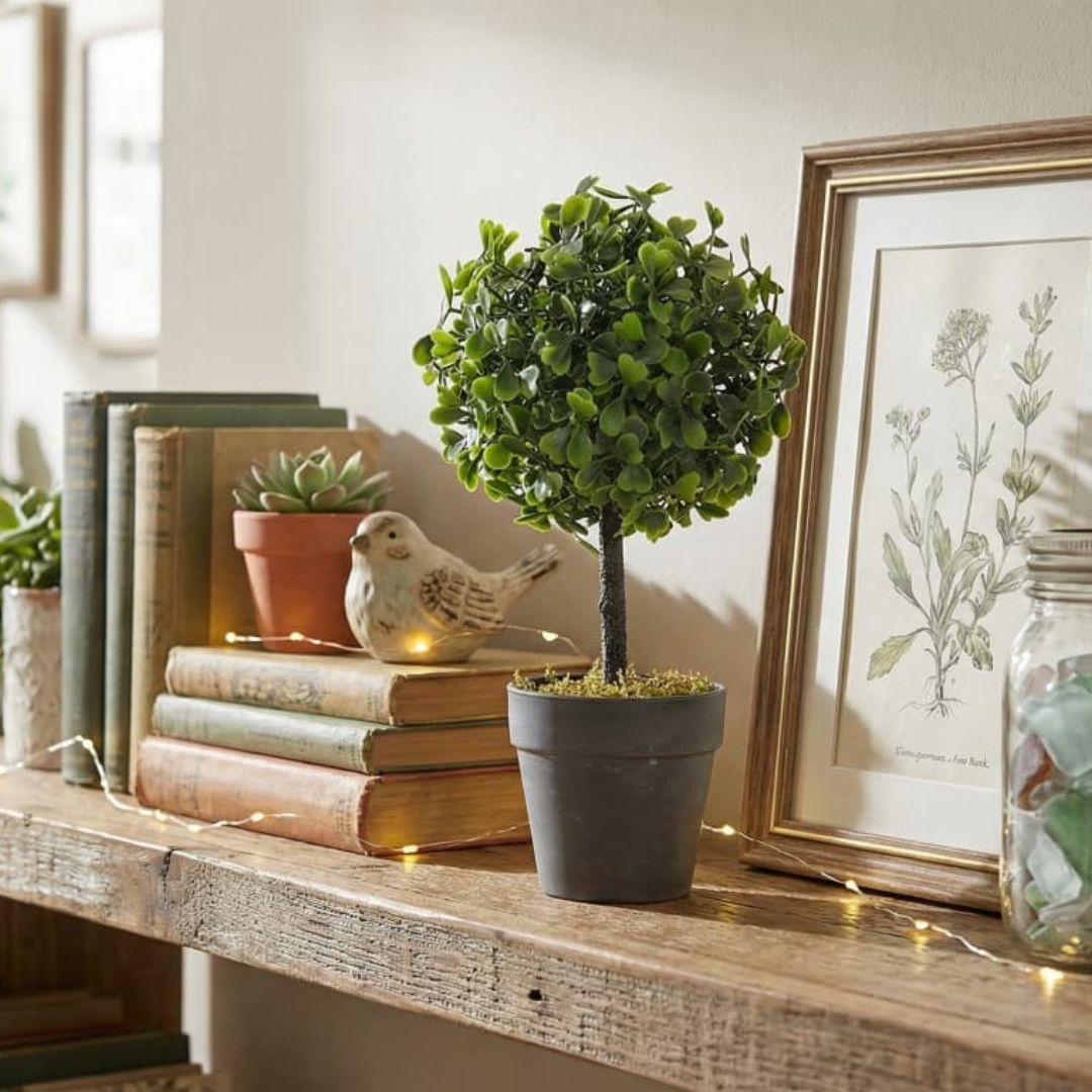 Plantă artificială tip copăcel Buxus 28 cm, în ghiveci negru, design modern pentru interior