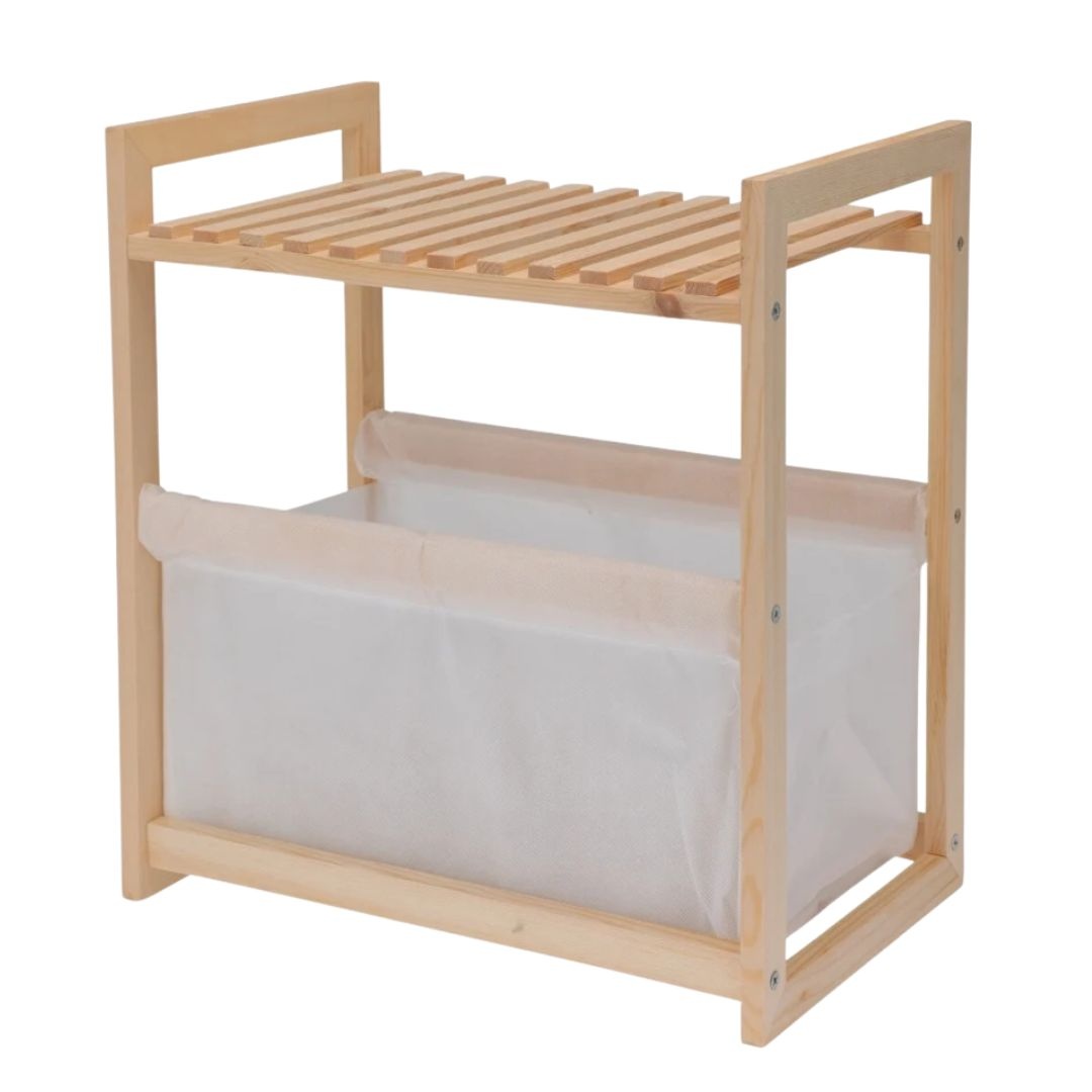 Raft de depozitare din lemn cu polița și coș textil 36x22x39 cm