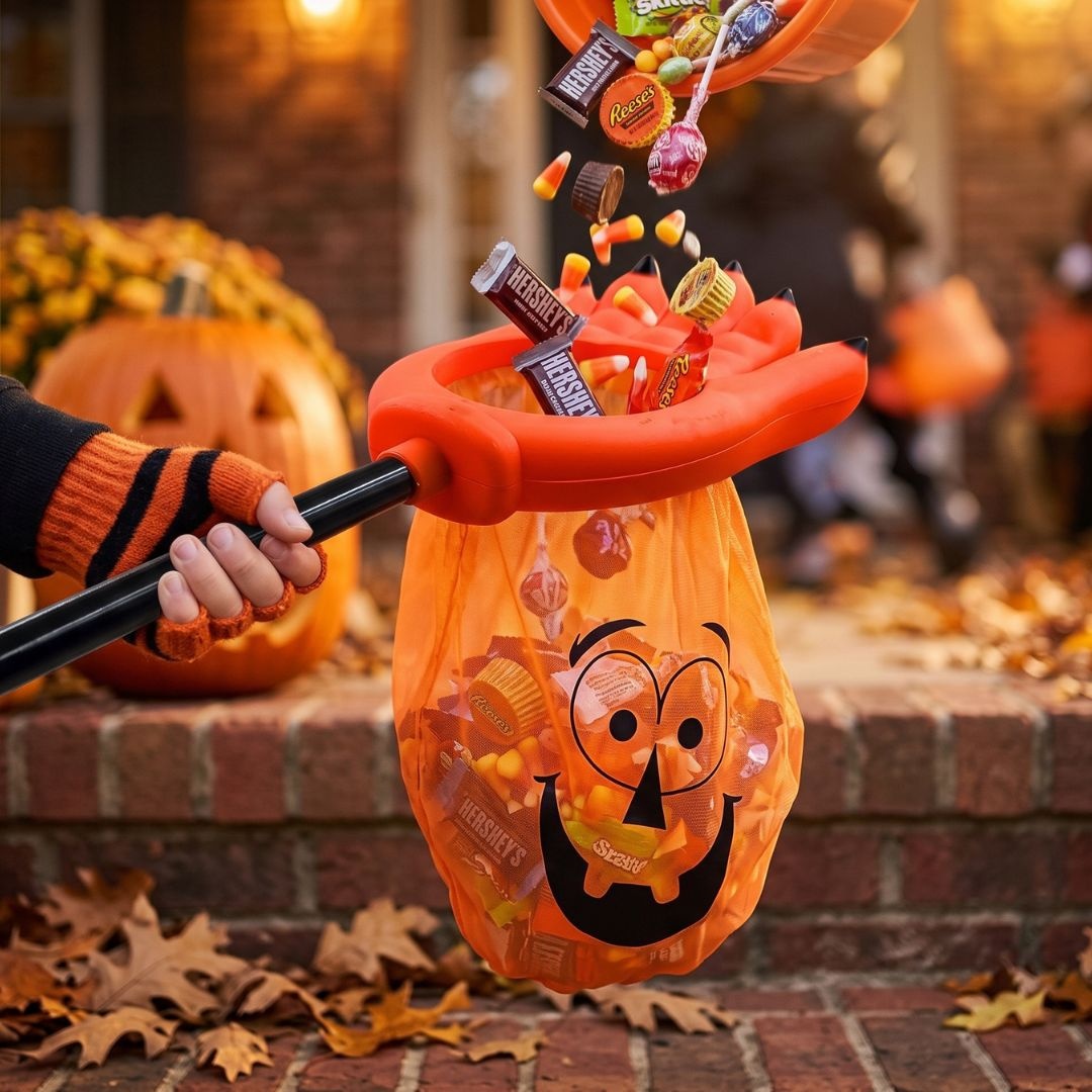 Sac de colindat, cu mâner, pentru Halloween, model mână portocalie și dovleac, Eurowrap