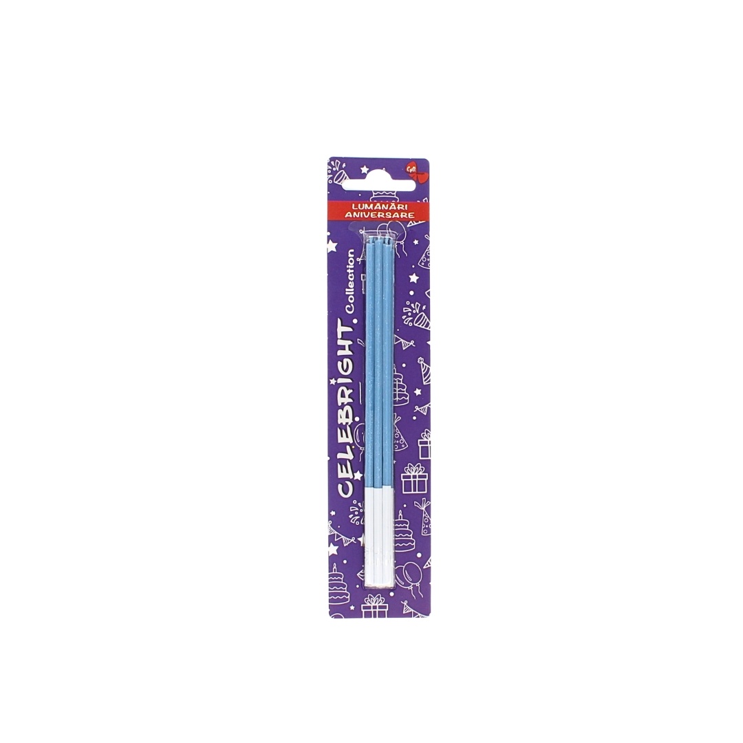 Set 6 lumânări pentru tort, Celebright, albastru cu sclipici, bază albă, 15 cm