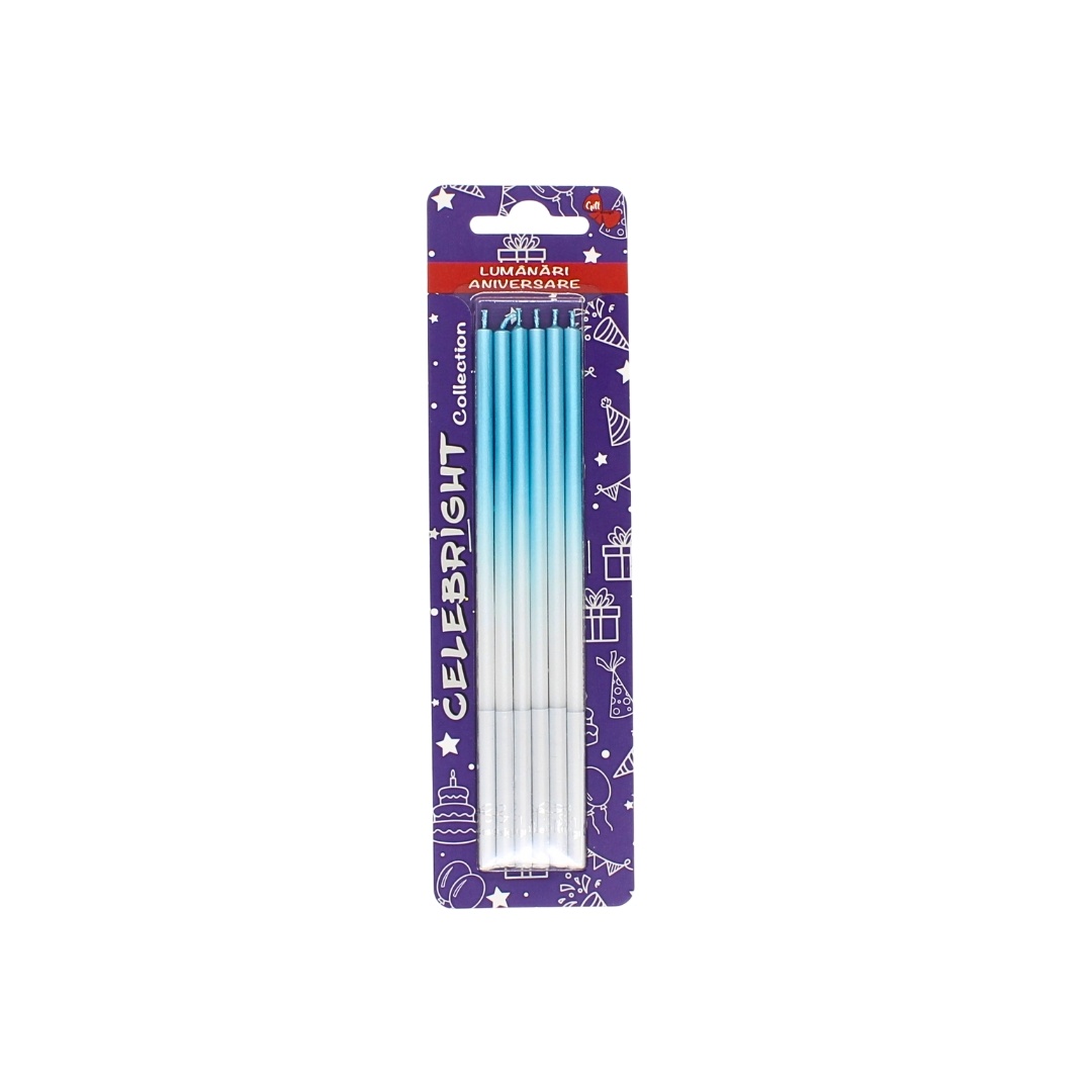 Set 6 lumânări pentru tort, Celebright, albastru degrade, bază albă, 15 cm