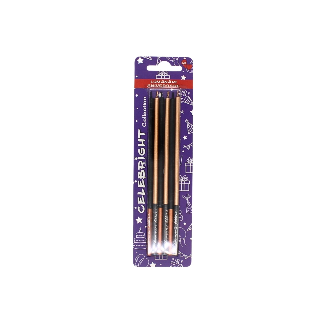 Set 6 lumânări pentru tort, Celebright, negru-maro sclipicos, mesaj Happy Birthday pe bază, 15 cm