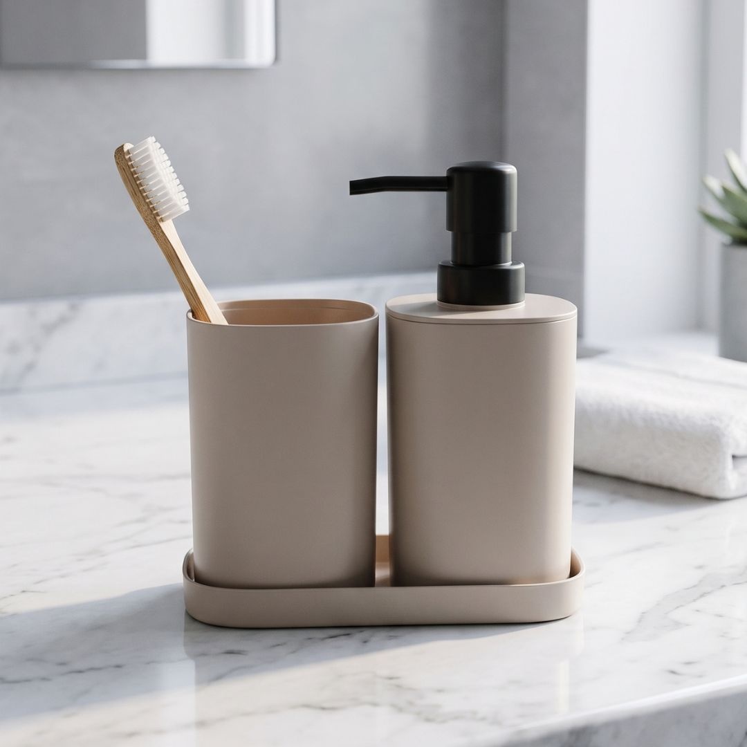 Set accesorii de baie, 3 piese, culoare taupe, design modern