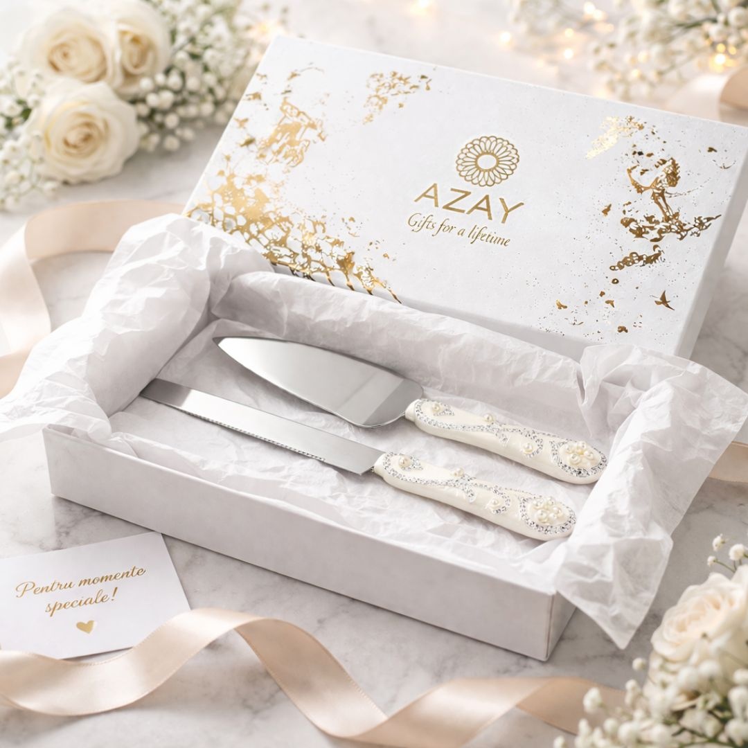 Set de tort AZAY cuțit 32 cm și spatulă 26 cm, design elegant cu perle și strasuri, set servire tort premium, cadou nuntă/botez