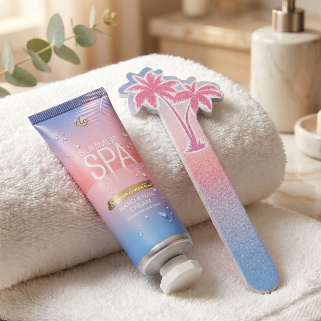 Set îngrijire mâini SUMMER SPA, Accentra, în ambalaj cadou roz, cremă pentru mâini și unghii 30 ml si pilă de unghii