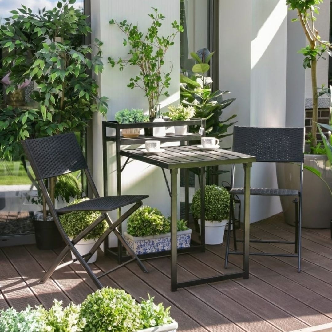 Set mobilier de terasă pliabil, Jumi, negru, 2 scaune și masă cu suport pentru flori