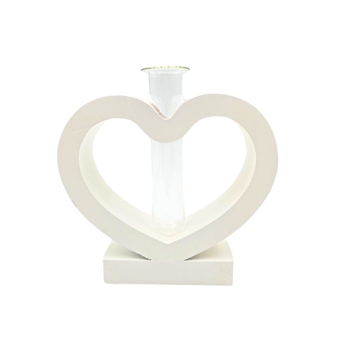 Suport/decorațiune în formă de inimioară, cu tub de sticlă, MDF, 15x12 cm