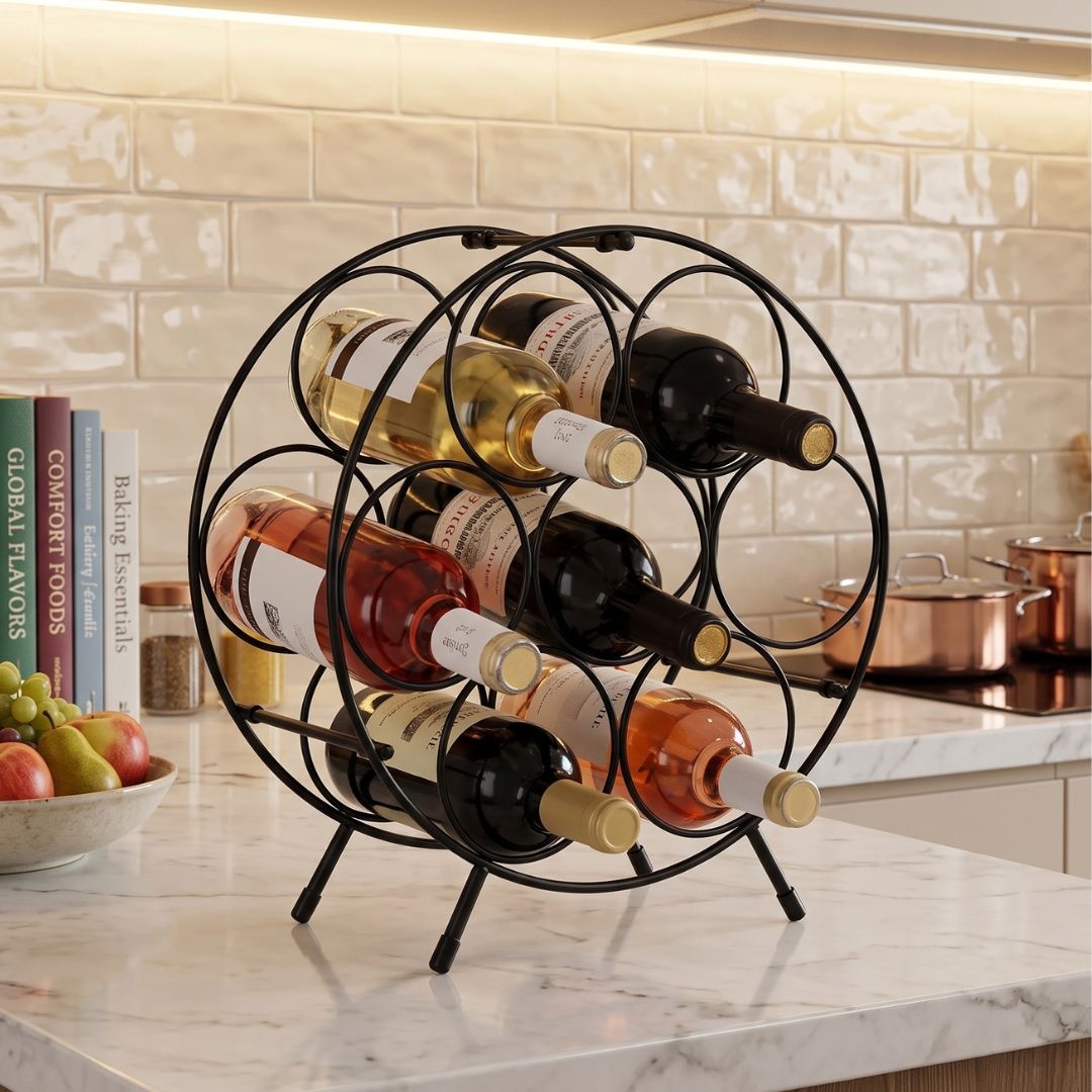 Suport sticle vin metalic rotund, 7 sticle, design modern, 31x18x33 cm