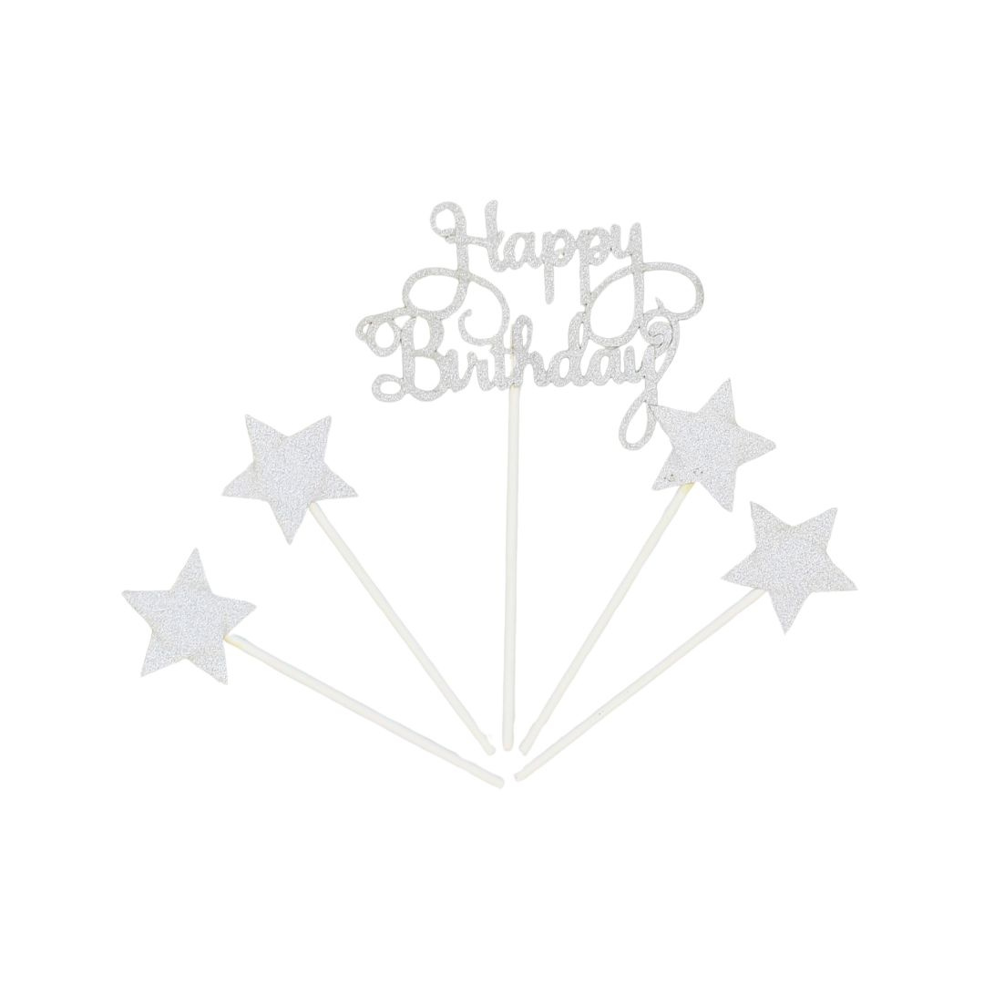 Cake Topper tort Happy Birthday culoarea argintiu glitter