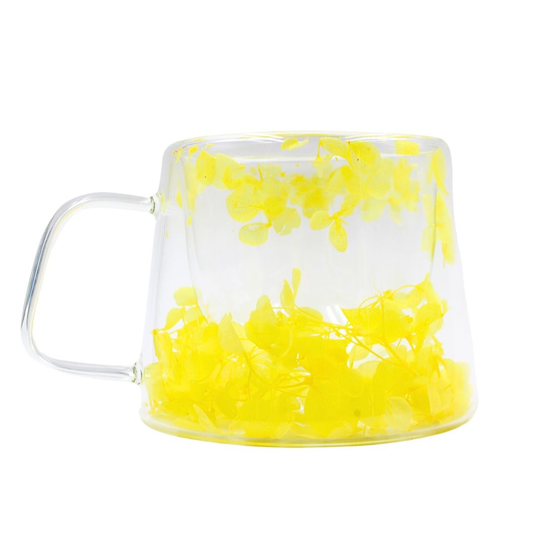 Cană cu hortensii galbene, pereți dubli, sticlă borosilicată, 180 ml,…