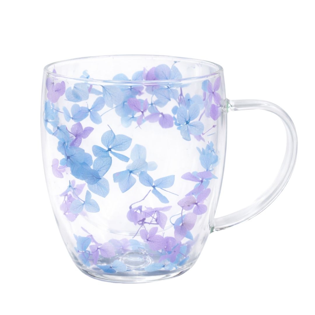 Cană cu inserție de flori uscate mov și albastru, hortensie, pereți dubli, sticlă borosilicată, 350 ml, Aurora Bloom