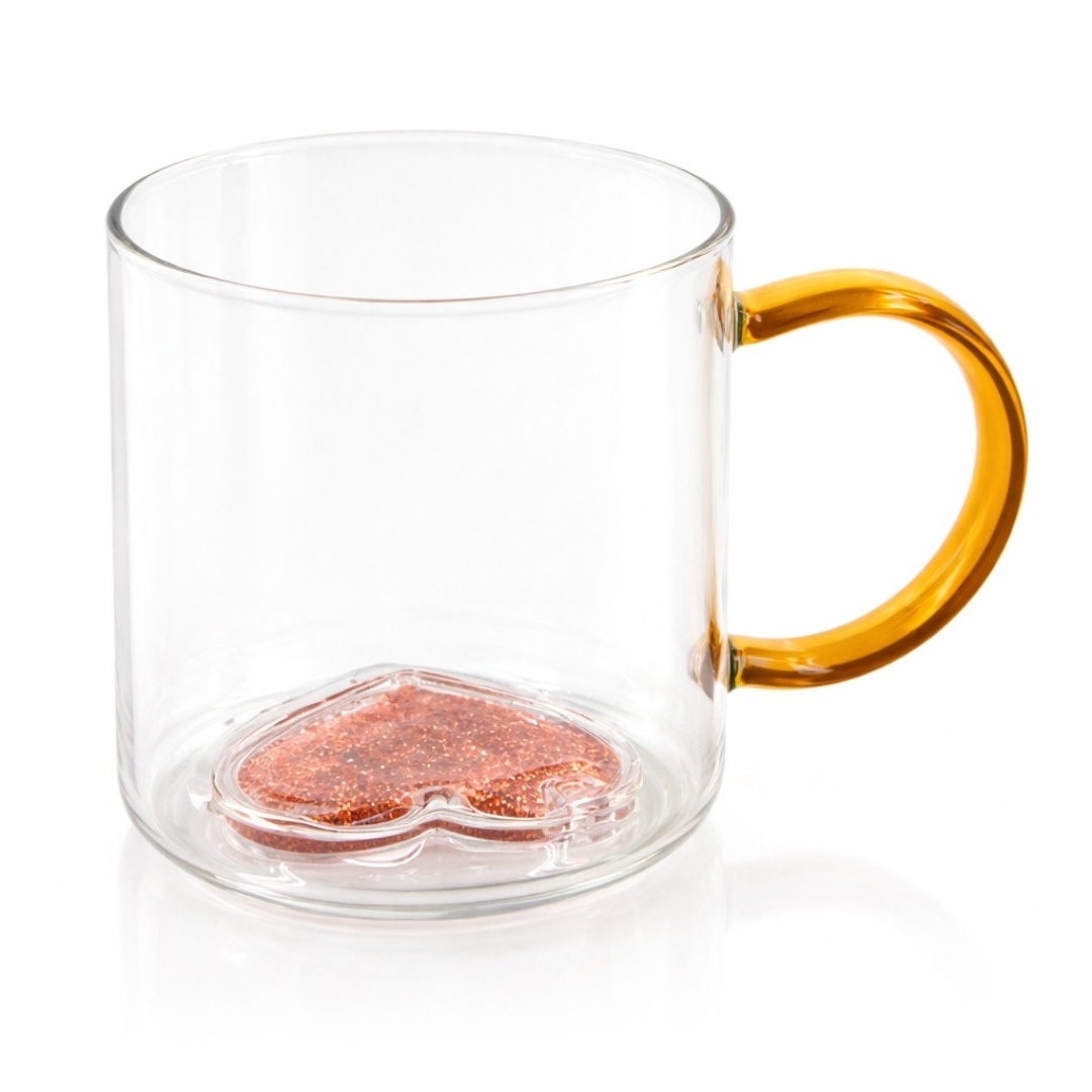 Cană cu model 3D inimioară portocalie, pereți dubli, sticlă borosilicată și inserție de sclipici, 300 ml, Aurora Glow