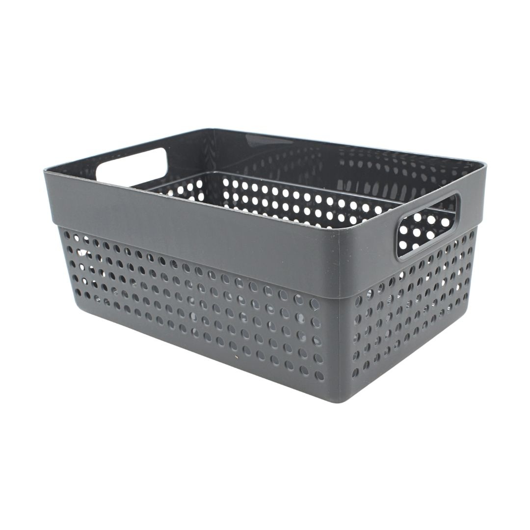 Coș depozitare plastic perforat 23x15x10 cm Storage Solutions, cu mânere, Gri închis