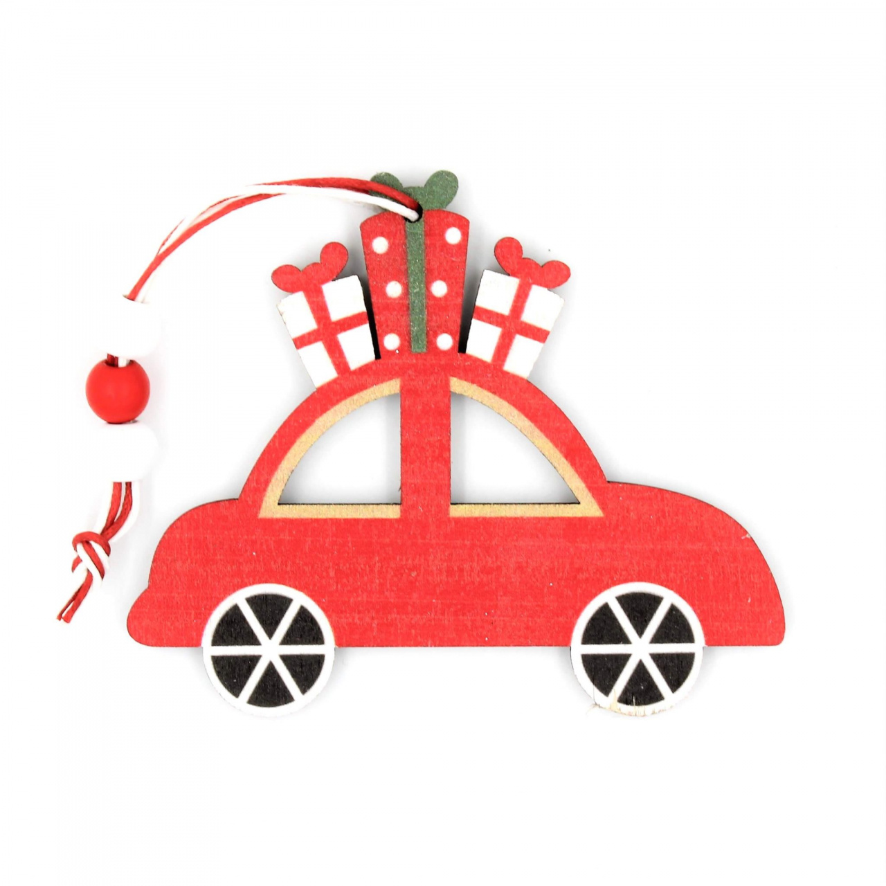 Decorațiune roșie, din lemn - mașinuță cu cadouri