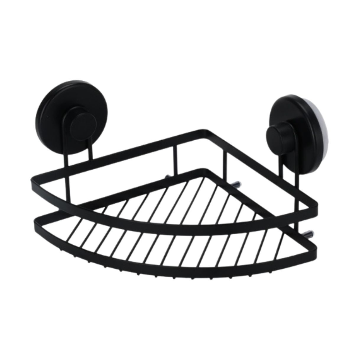 Etajeră metalică de colț pentru baie, cu două ventuze, culoare negru, 20x20x12,5 cm
