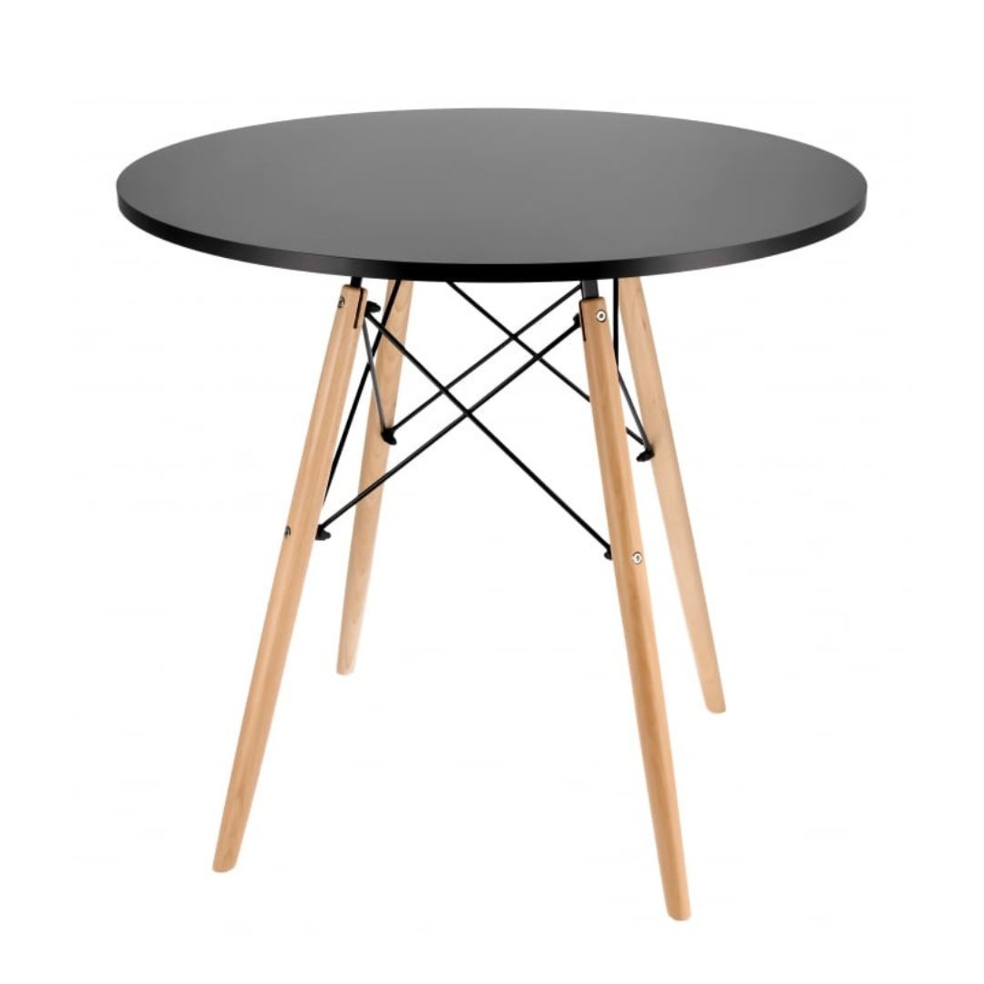 Masă rotundă Jumi, model scandinav, 80x80 cm, din MDF negru, cu picioare din lemn masiv