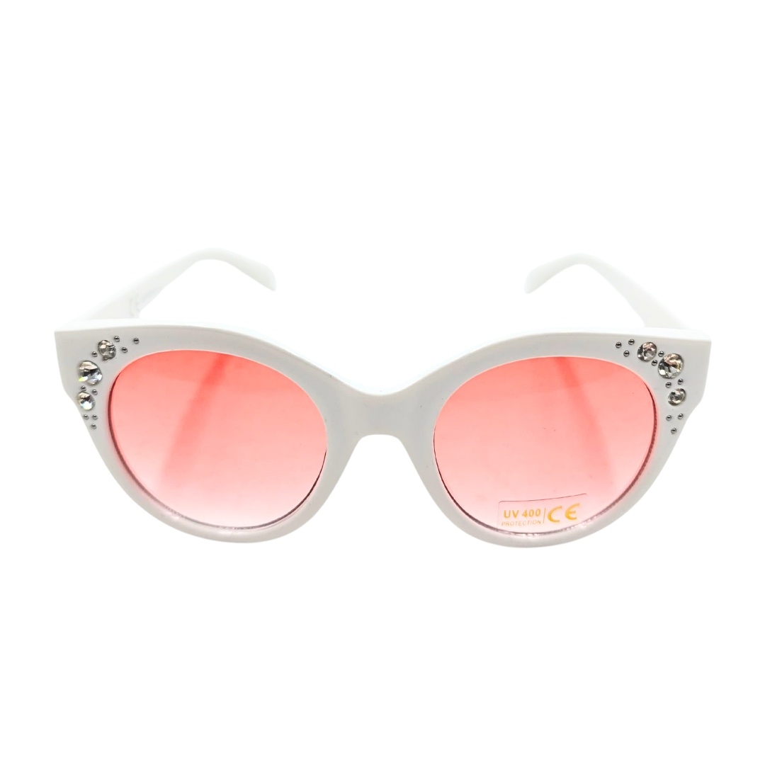 Ochelari de soare, damă, Tiara, ramă albă lucioasă decorată cu cristale, formă rotundă, lentile roz fumurii, protecție UV 400