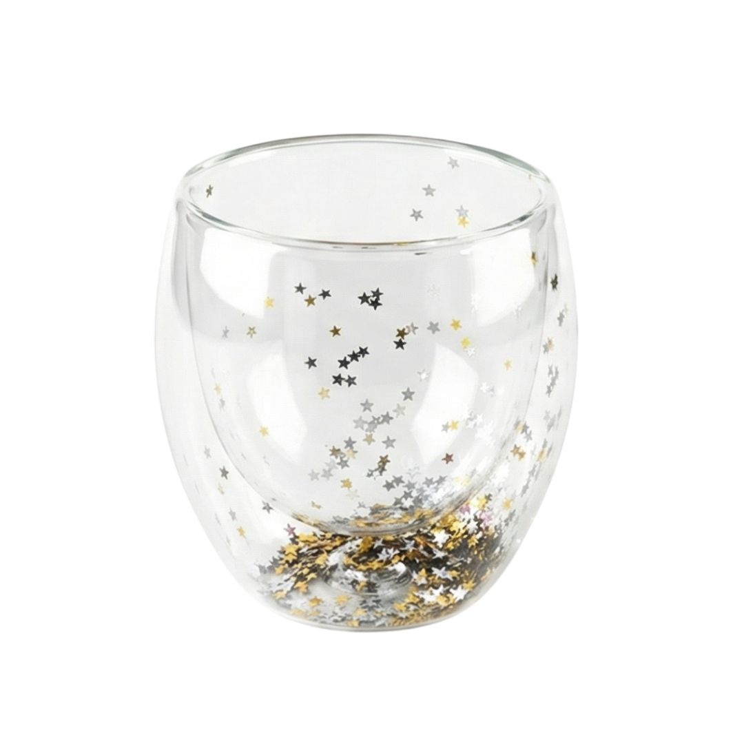 Pahar cu inserție de confetti steluțe gri și auriu, pereți dubli, sticlă borosilicată, 250 ml, Aurora Glow