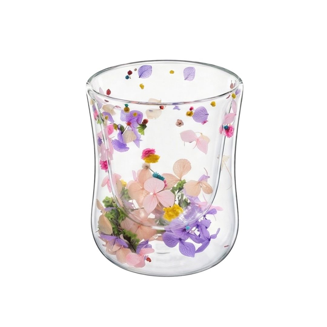 Pahar cu inserție de flori uscate, hortensii și limonium culori pastel, pereți dubli, sticlă borosilicată, 200 ml, Aurora Bloom