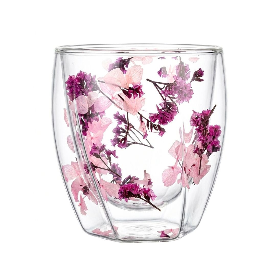 Pahar cu inserție de flori uscate roz, hortensie și limonium, pereți dubli, sticlă borosilicată, 250 ml, Aurora Bloom