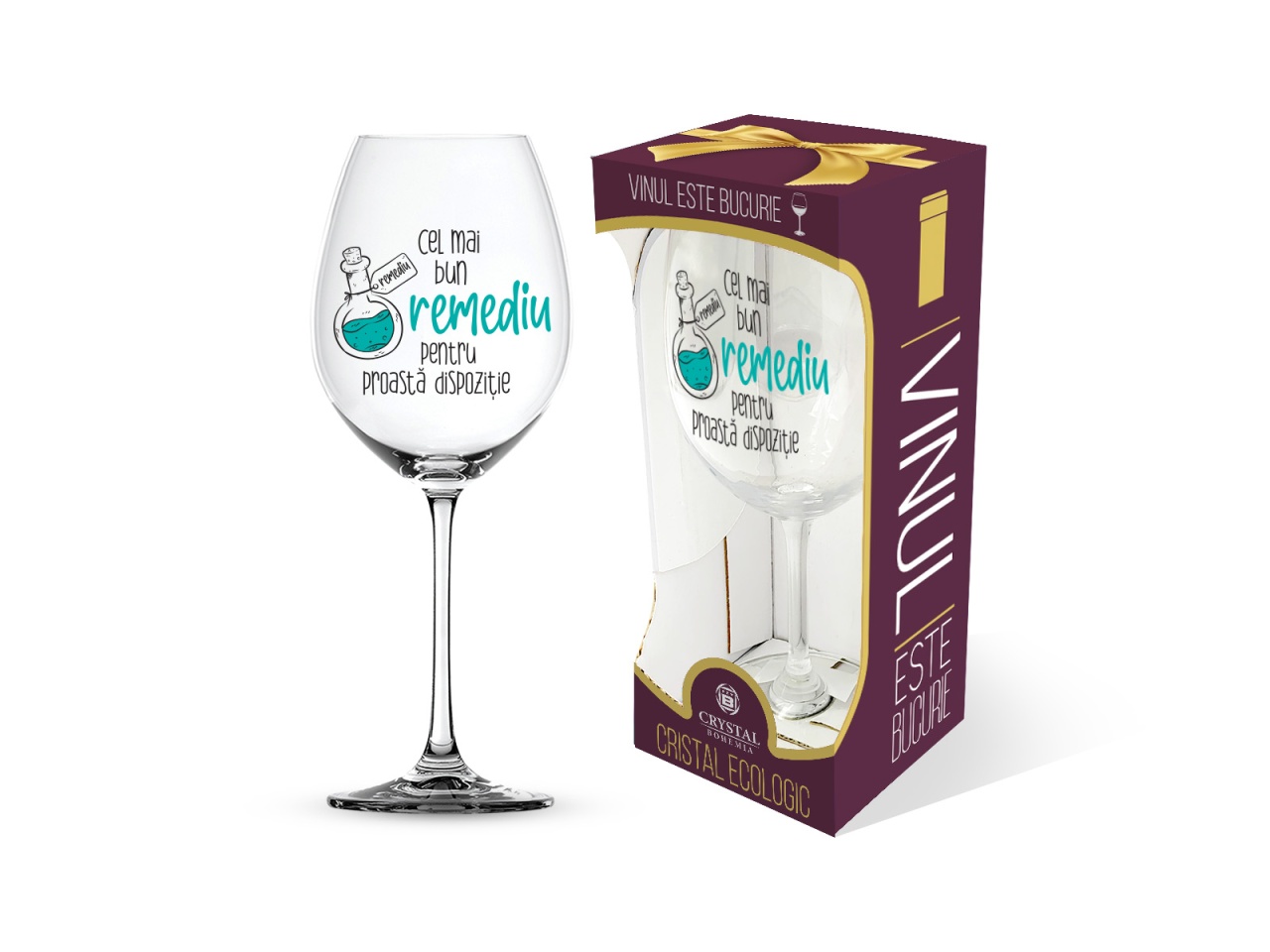 Pahar pentru vin, mesaj amuzant "Cel mai bun remediu pentru proastă dispoziție"