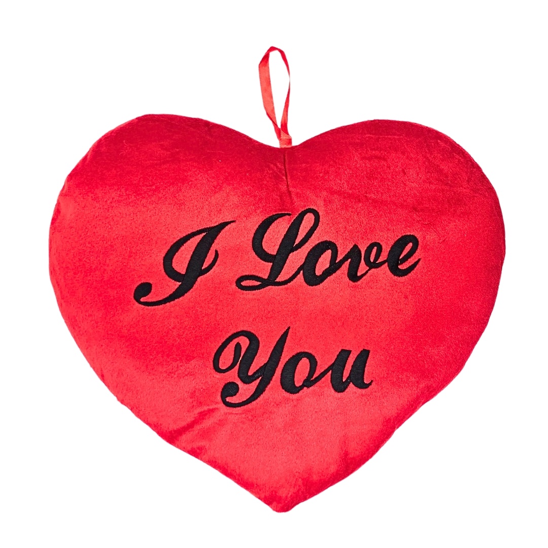 Pernă inimă roșie, din pluș, cu mesajul I Love You, 35 cm