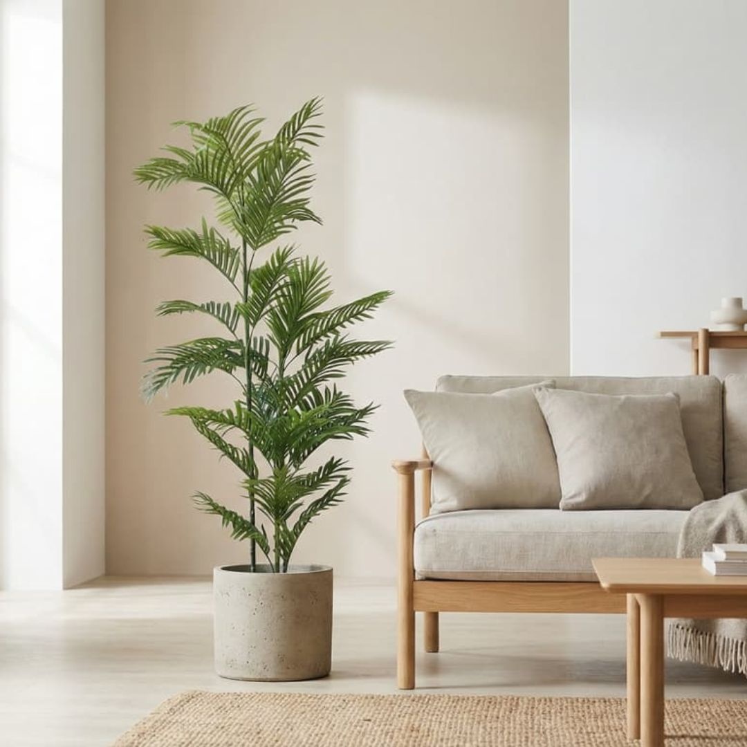 Plantă artificială Areca 150 cm, cu frunze verzi lungi și detalii realiste, pentru interior, ghiveci negru inclus