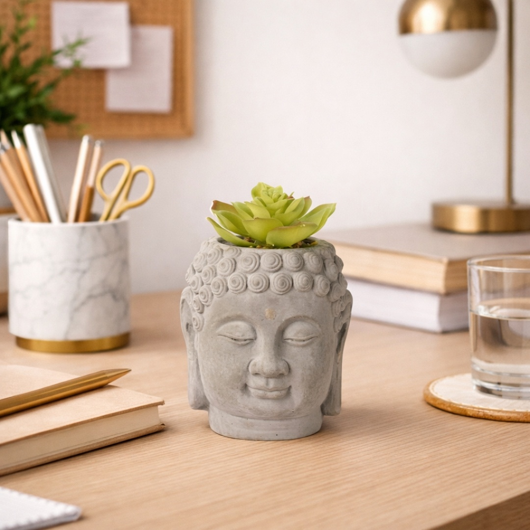 Plantă artificială Suculentă în ghiveci de ciment 12.5 cm, formă de statuetă cap Buddha, gri cu verde
