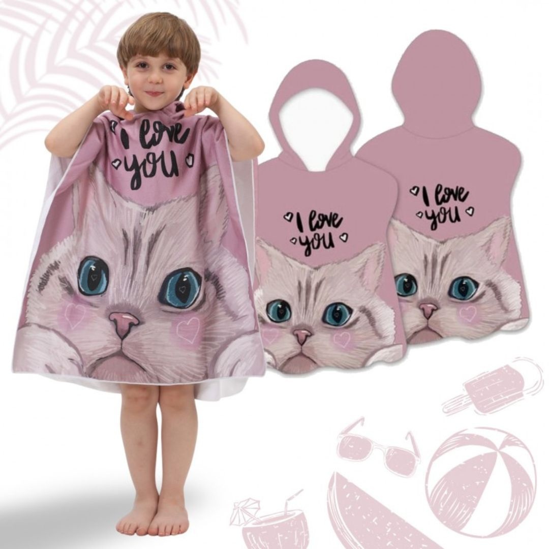 Prosop poncho pentru copii, cu glugă, model pisică, i love you, 60x60…