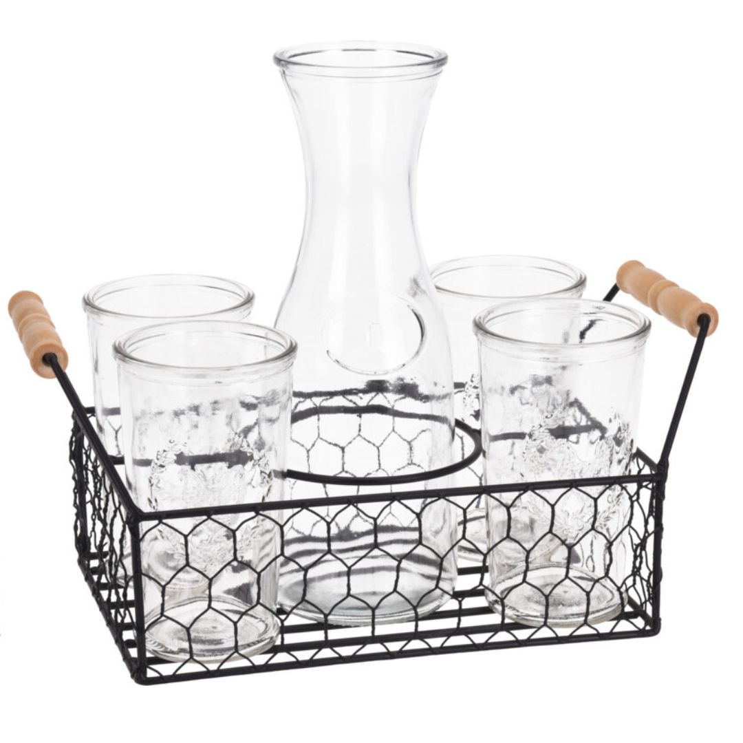 Set 4 pahare din sticlă, cu carafă și suport metalic, 6 piese, Excellent Houseware