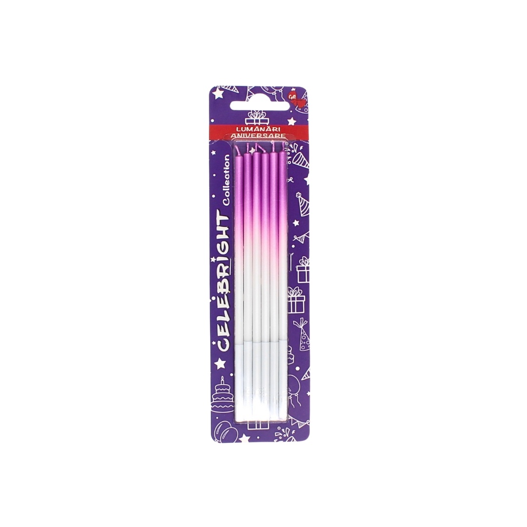 Set 6 lumânări pentru tort, Celebright, mov degrade, bază albă, 15 cm