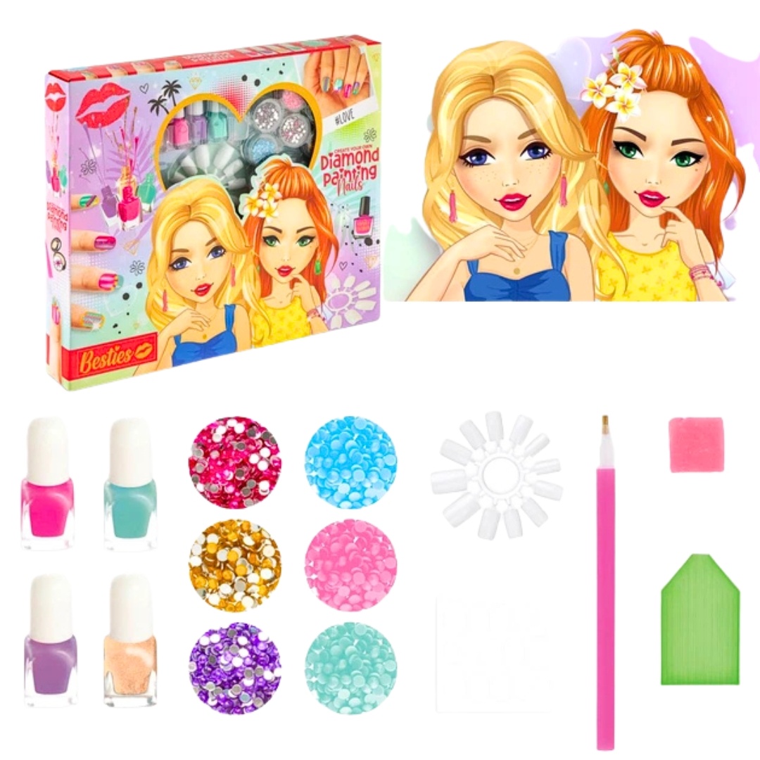 Set manichiură creativă cu pietricele strălucitoare, 4 oje & accesorii, Besties, 6+ ani