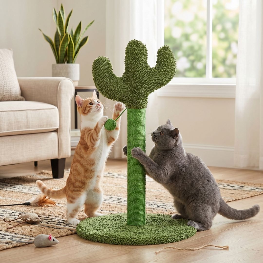 Ansamblu de joacă și stâlp sisal pentru pisici, Jumi, model cactus verde, 43 cm