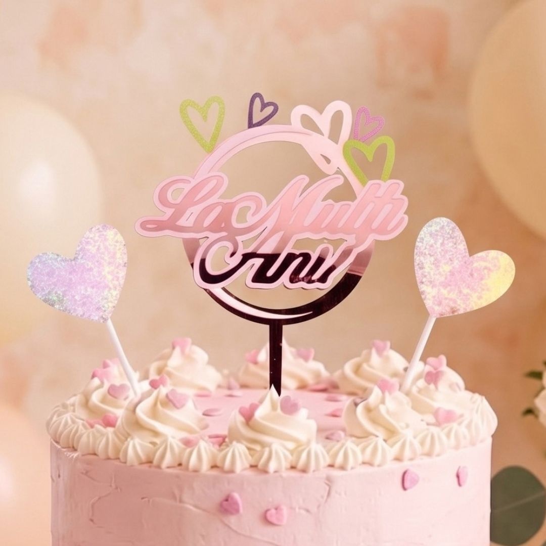 Cake Topper pentru tort cu mesaj La multi ani, cerc roz și inimioare