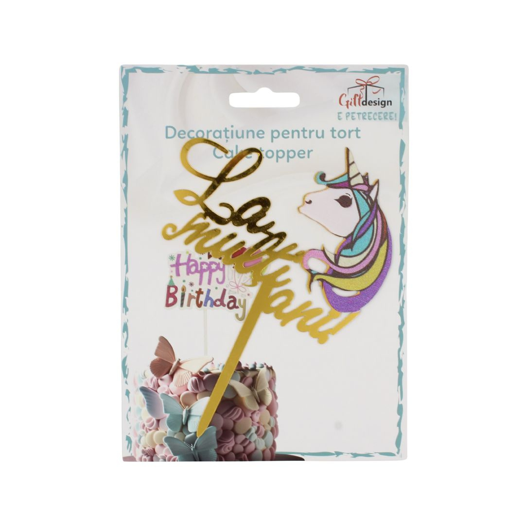 Cake Topper tort mesaj auriu cu unicorn