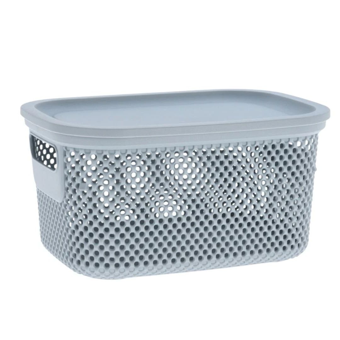 Coș depozitare cu capac, 3.5 L, din plastic perforat, Storage Solutions, gri deschis