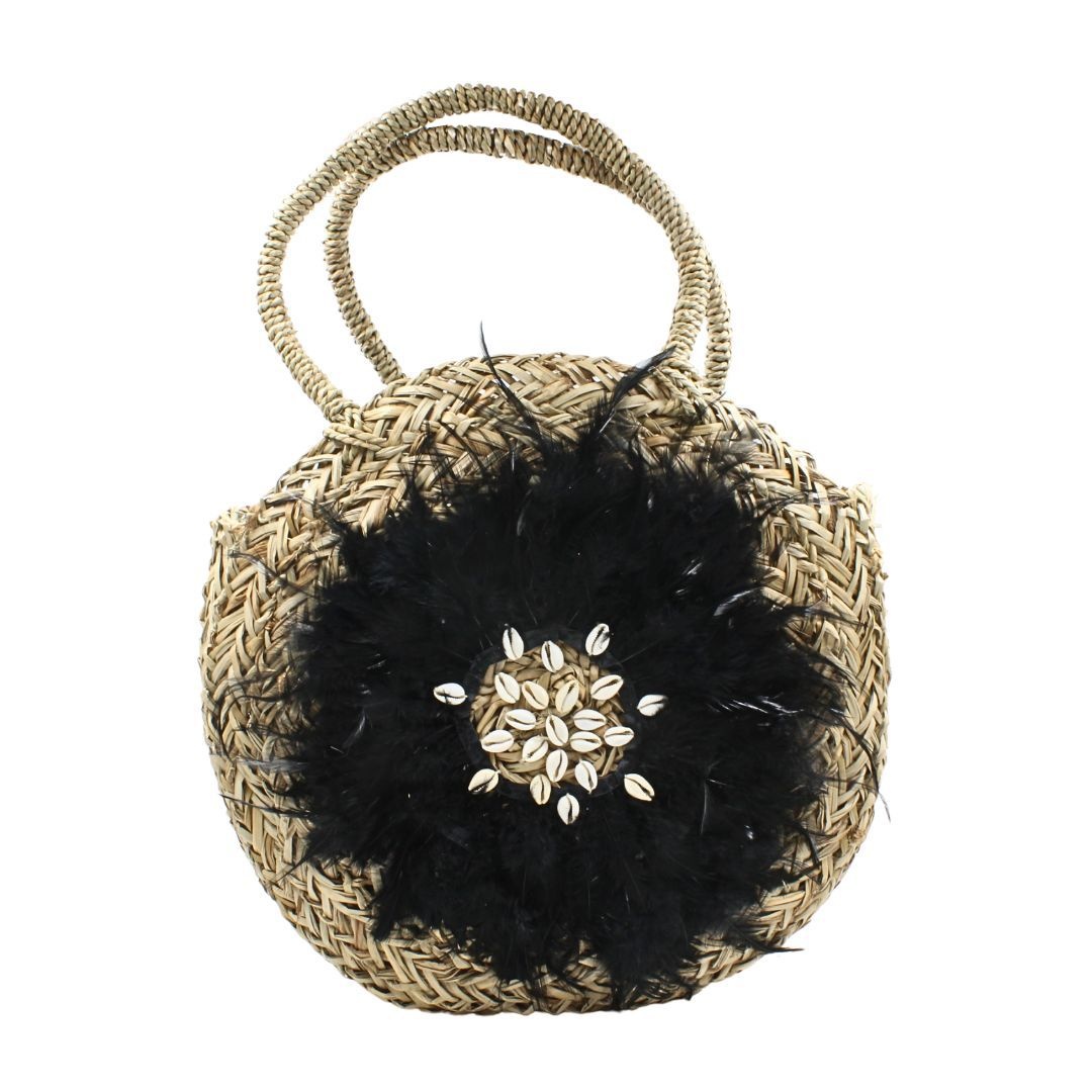 Geantă Boho din Fibre Naturale cu Pene Negre și Scoici – Hoff Interieur