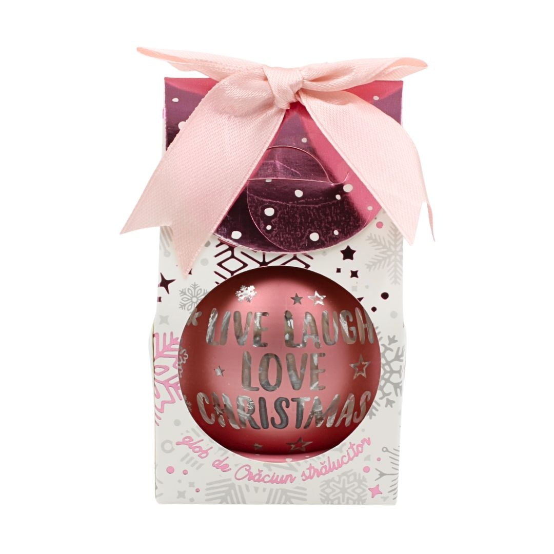 Glob de Crăciun, cu led, culoarea roz, mesaj „Live Laugh Love Christmas"