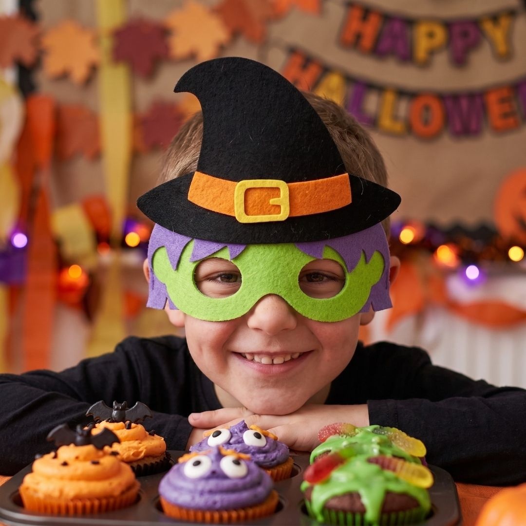 Mască de Halloween, din fetru, model vrăjitoare cu pălărie neagră, Eurowrap
