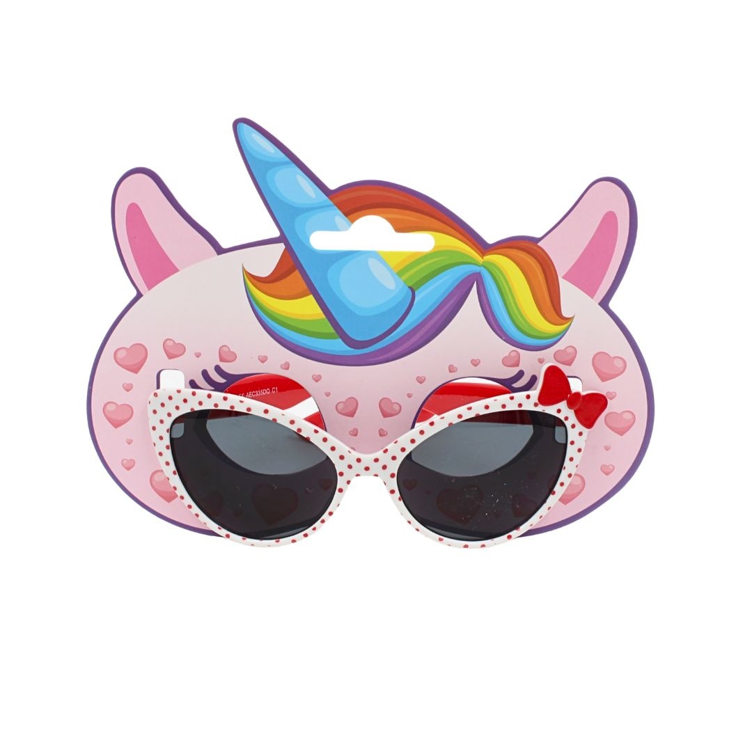 Ochelari de soare pentru copii, model cat-eye alb cu buline roșii și fundiță decorativă