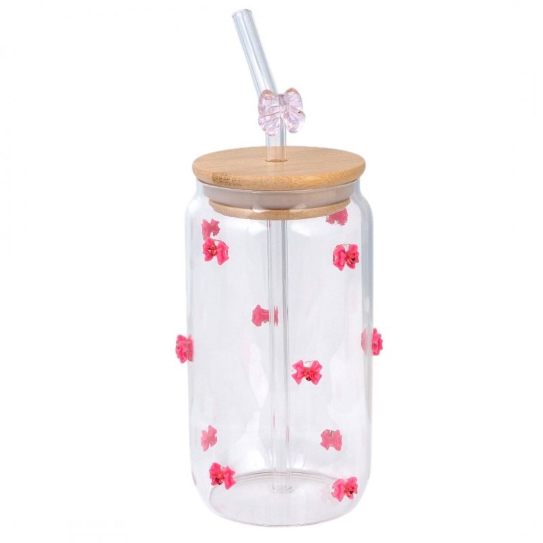 Pahar din sticlă borosilicată, cu capac din bambus, pai și fundițe,…