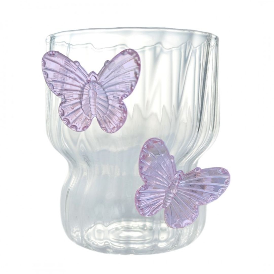 Pahar din sticlă borosilicată, cu pereți ondulați și fluturași mov,…