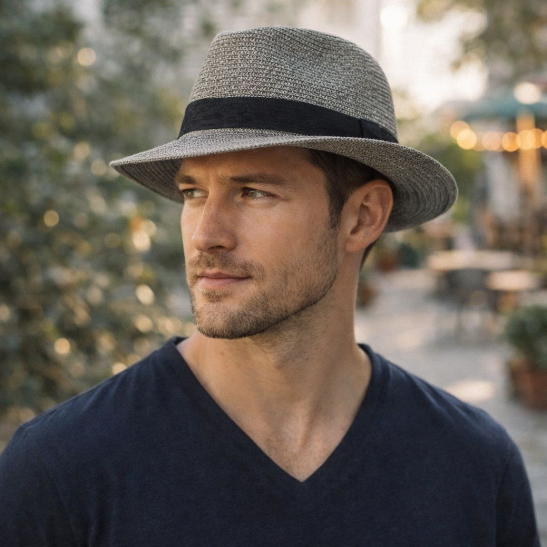 Pălărie de plajă bărbați Aristo, gri, stil fedora, cu bandă neagră, ușoară, respirabilă, protecție UV, diametru 32 cm