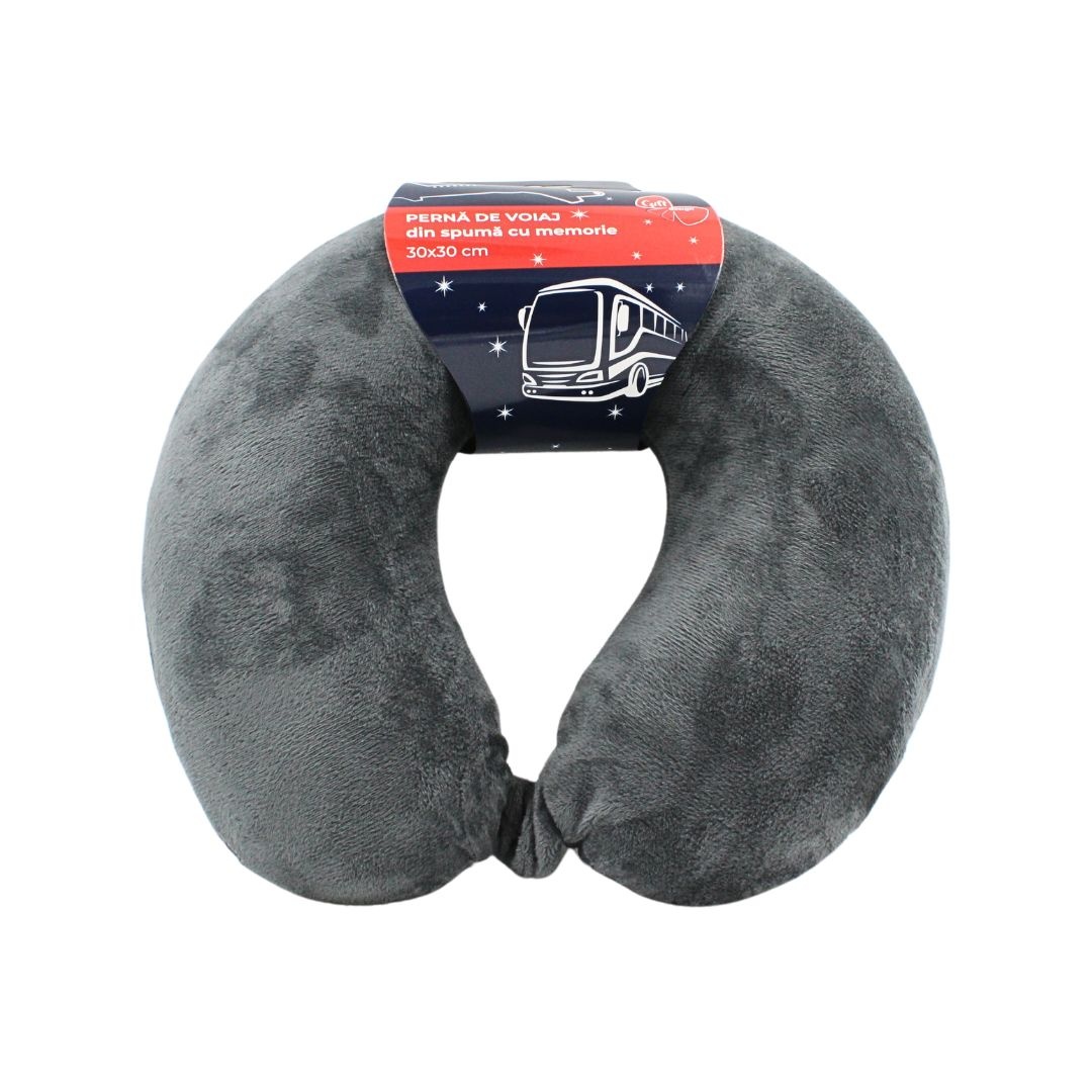 Pernă de călătorie, pentru adulți, culoare gri, din spumă cu memorie, 30 cm