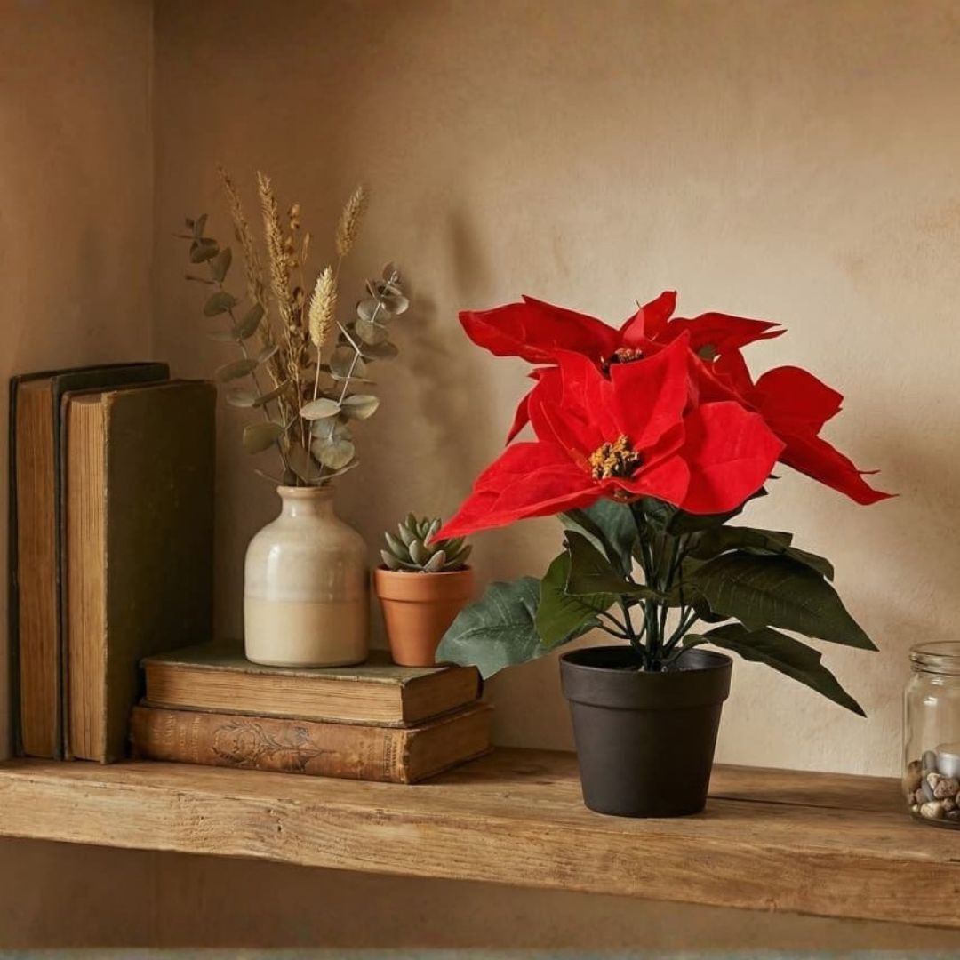 Plantă artificială Crăciuniță 28 cm, cu petale roșii textile cu textura catifelată și frunze verzi, în ghiveci negru