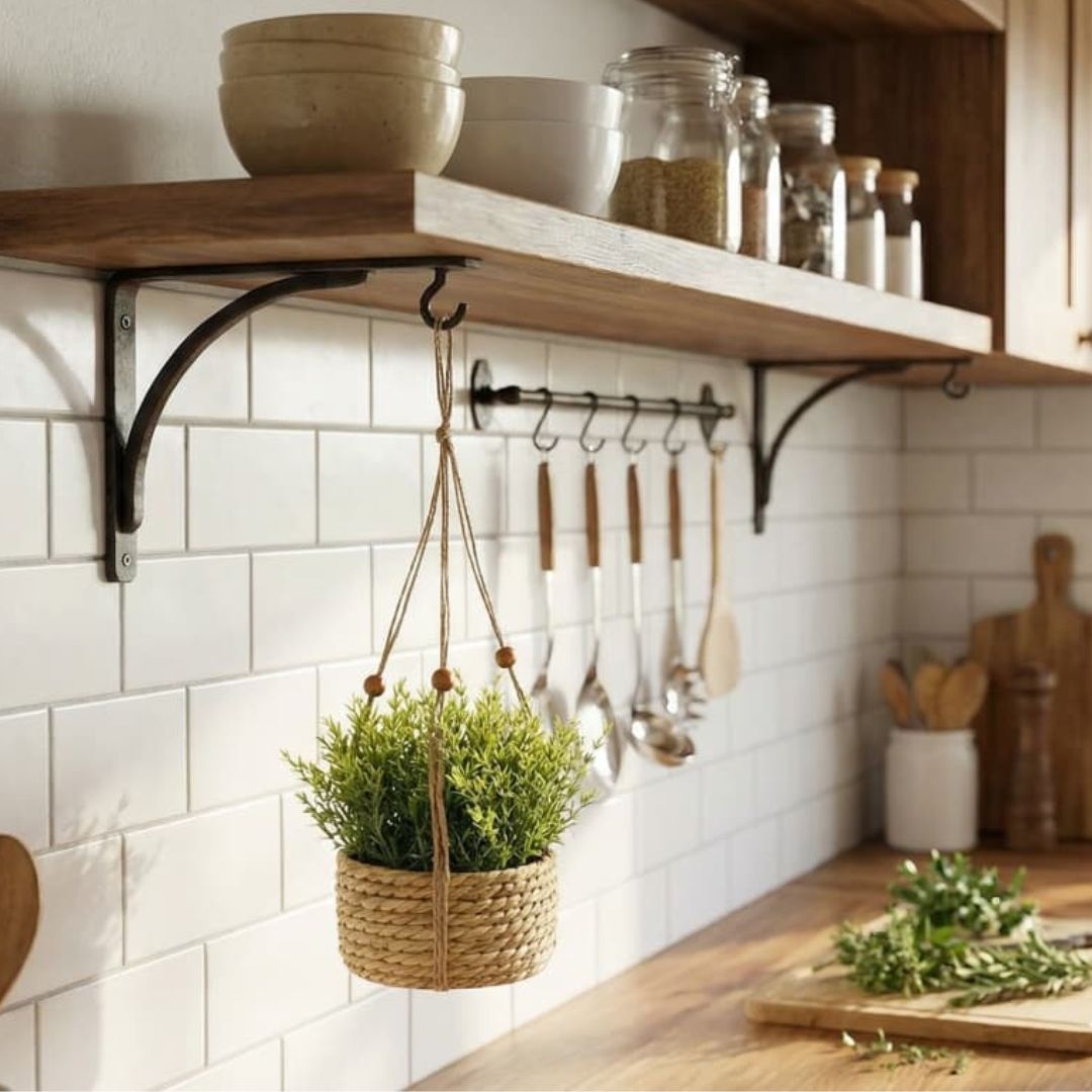 Plantă artificială Rozmarin 11 cm în ghiveci suspendat tip coș împletit, cu agățătoare – decor rustic cu plante aromatice pentru interior
