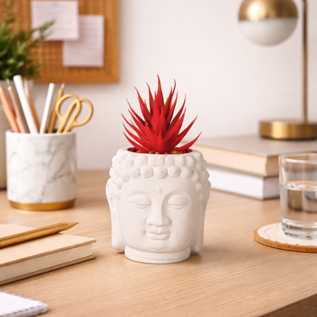 Plantă artificială Suculentă în ghiveci de ciment 12.5 cm, formă de statuetă cap Buddha, alb cu roșu