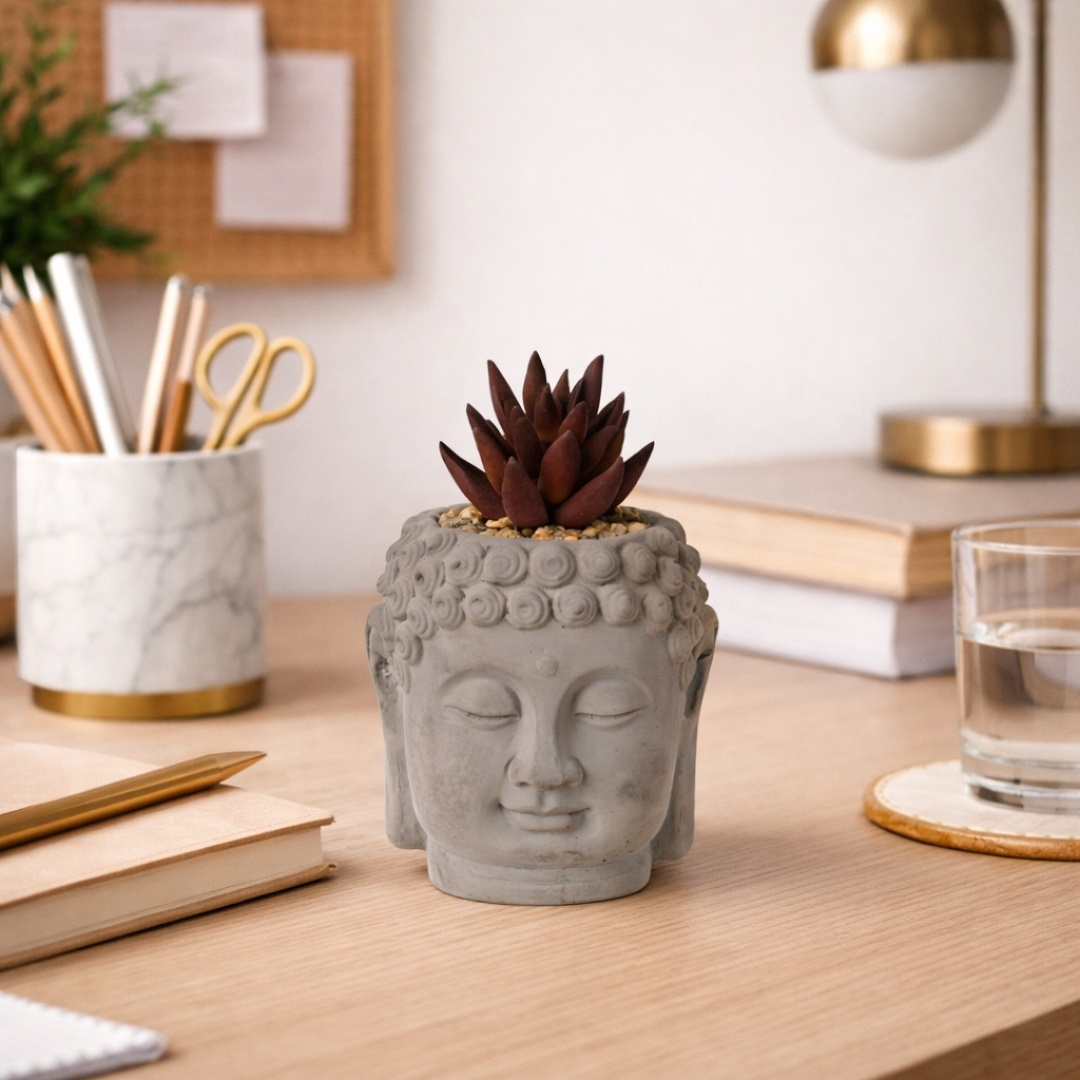 Plantă artificială Suculentă în ghiveci de ciment 12.5 cm, formă de statuetă cap Buddha, gri cu mov