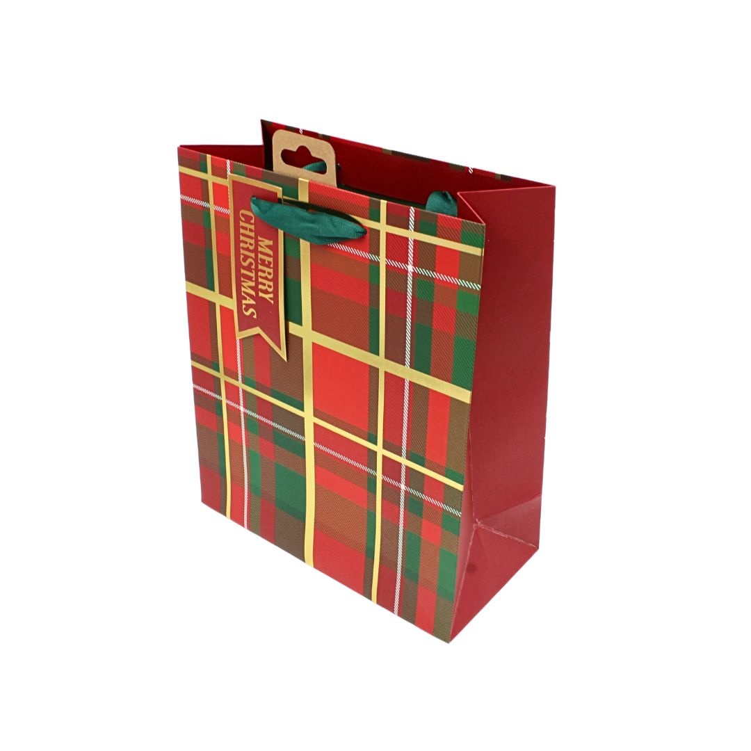 Pungă de cadou, din hârtie, colecția Clairefontaine de la Eurowrap, 33x26,5 cm, burduf de 14 cm, Tartan